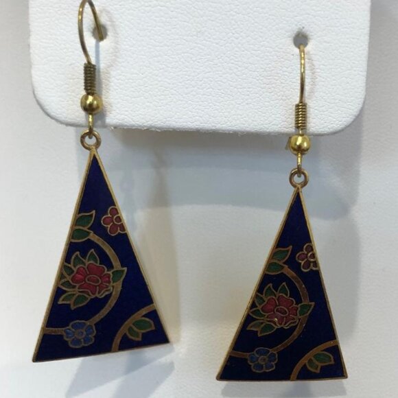 Triangle Floral Blue Dangle Earrings. - Picture 3 of 10
